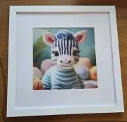 Framed Cute Yarn Zebra Art Print 12x12" White Wooden Frame Nursery Kidsroom NEW