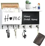 RELBRO Key Holder for Wall, White Wooden Key Mail Organizer with Chalkboard Wall Mount Key Rack with Shelf Wall Decorative Key Hanger with 12 Key Hooks for Doorway Entryway Hallway