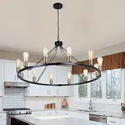 Jaycomey Wagon Wheel Chandelier, Vintage 12-Lights Bronze Rustic Farmhouse Ceiling Pendant Light Large Metal Chandeliers Hanging Light Fixture for Kitchen, Living Room, Hallway, Dining Room Black&Gold