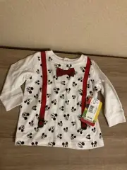 Disney Mickey Mouse White Long Sleeve Shirt with Red Bowtie/Suspender 6 Months