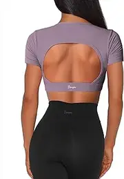 [Danysu] Open Back Crop Tops with Removable Pad Backless Workout Gym Shirt Bra Going Out Top