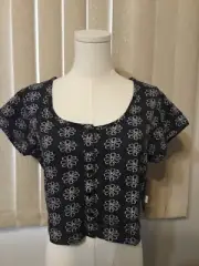 NWT $48 Volcom Daisie Babie Button Front Black Floral Scoop Neck Top Size Large
