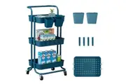 (Blue)3 Tier Kitchen Rolling Storage Cart with Wheels Handle & Hooks & Cups