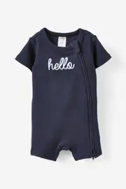 [Cotton On Kids] Cotton On Kids - The Short Sleeve Zip Romper - Navy ink/hello script NEWBRN NAVY INK/HELLO SCRIPT