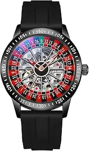 [MASTOP] Roulette Wheel Men‘s Watches Automatic Mechanical Watch for Men Swinging Rotary Dial Design Hollow Skeleton Watches Stainless Steel Waterproof Business Wristwatch