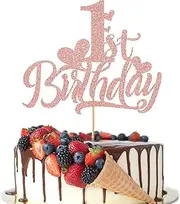 1st Birthday Cake Topper - Happy 1st Birthday Decoration, Anniversary Party/Boy or Girl One Year Old Party Supplies (Rose Gold Glitter)