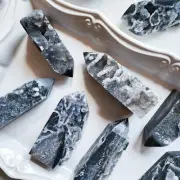 Natural Sphalerite Towers with Geode Druzy Inclusions Black Crystal Wand Obelisk