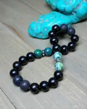 Variscite and Lapis Chrysocolla Bracelet With Black Wooden Beads Elastic 7"