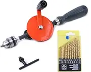 Swpeet Powerful Speedy Hand Drill 1/4-Inch Capacity with 13Pcs Drill Bit Set, Mini Hand Drill Manual ¼ inch with Finely Cast Steel Double Pinions Design, Chucks and Grip Handle for Woods, Plastics