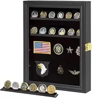 Sboitflmm Military Challenge Coin Display Shadow Box - Pin Display Cabinet with Removable Shelves and Pinnable Background for Badges, Medals, Insignia, Small Black