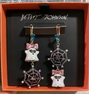 BETSEY JOHNSON GHOST SPIDER WEB CRYSTAL EARRINGS MISMATCH HALLOWEEN DROP NIB $48