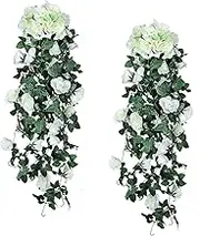 JLHOUSE AU7040-1 Artificial Flowers Hanging Rose Vine Plants Artificial Rose Flowers Hanging Flower Garland for Home Room Garden Wedding Indoor Outdoor Decoration Pack of 2(White)