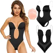 [PERWALLA] Women's Backless Shapewear Deep V Neck Seamless Thong Body Shaper for Party Dress Wedding Invisible Bras Bodysuit