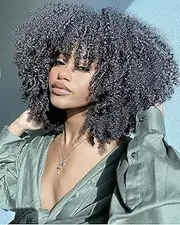 RunM Short Curly Afro Wig With Bangs for Black Women Kinky Curly Hair Wig Afro Synthetic Heat Resistant Full Wigs(Black)