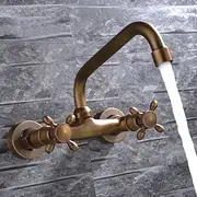 Retro Style Utility Sink Laundry Faucet, Wall Mount Long Spout Two Handles Three Holes Wash Basin Tap with Hot and Cold Water Hoses, Laundry Tub Pot Filler Com