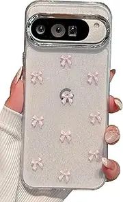 [JANDM] Clear Glitter 3D Bow for Google Pixel 9 Pro XL Case,Glitter Pretty Sparkly Cute Shockproof Girls Women Protective Slim for Pixel 9 Pro XL Phone Case Pink