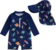 [Frietlebird] Toddler Baby Boy Swimsuit Long Sleeve Zipper One Piece Bathing Suit Rash Guard Sun Protection Swimwear with Hat