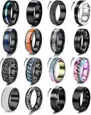 [Kakonia] 16Pcs Stainless Steel Band Rings for Men Women Fidget Anxiety Relief Rings Cool Chain Beveled Edges Celtic Black Band Spinner Rings Set for Wedding Promise Mens Rings Pack