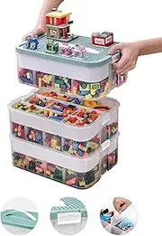 Kids Toy Organizer for Lego, 3 Layers Stackable Storage Bins with Compartments, Kids Toy Container Box,Clear Building Blocks Container Box with Baseplate Lids