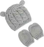 [Healeved] Baby Beanie Newborn Hat Set 2 Piece Winter Warm Knit Hat and Mittens Toddler Beanie for Cold Weather Grey