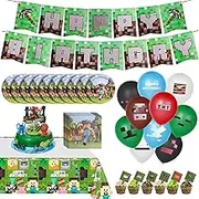 Birthday Decoration Boys Mine-Craft Birthday Decoration Mine-Craft Game Theme Party Accessories Party Decoration Game Party Accessory Set Includes Happy Birthday Banner Balloons Paper Plates Cake