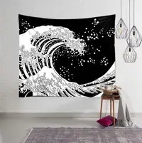 在飛比找Yahoo!奇摩拍賣優惠-優選精品-神奈川沖浪里日式浮世繪黑底灰海浪掛布墻面背景裝飾畫