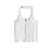 Halter Zip-Up Open Back Ribbed Plain Crop Top White - M