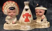 Vtg 2 Indians Sitting By A Teepee On A Toothpick Holder Platform Thunderbird