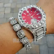 HIP HOP SILVER PT LUXURY BLING RED DIAL WATCH & ICED BAGUETTE STONE BRACELET