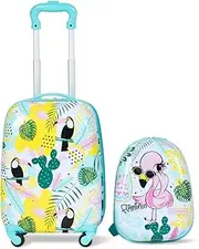 [Costway] 2PCS Kids Luggage Set Carry On with Spinner Wheels & Cute Flamingo Pattern, Adjustable Trolley Rod Height & Backpack Shoulder Strap, Kids Luggage Set Made of ABS, Polycarbonate & Nylon Material