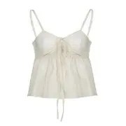 Long Sleeve / Spaghetti Strap Tie-Front Ruched See-Through Mesh Crop Cami Top Nude - L