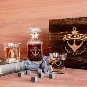 Engraved Wooden Boxed Whiskey Decanter, 2 Glasses & 6 Ice Stones Set