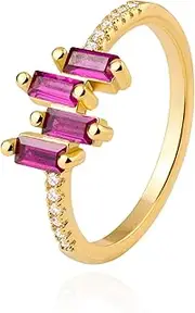 [LAVLA] 14k Gold Plated Baguette Green/Blue/Red Cubic Zirconia Half Eternity Stackable Ring | 1.5mm Thin Minimalist Simulated Diamond Band for Women Teen Girls