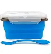 Lunbengo Small Silicone Collapsible Snacks Container with lid and 2 in 1 Spoon & Fork, Food Grade Silicone Bento Lunch Container, For Leftovers Meal Prep, Microwave/Freezer/Dishwasher Safe, 700ml