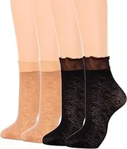[Campsis] Flower Sheer Socks Ruffle Sheer Ankle Sock Floral Frilly Lace Nylon Sock for Women(4 Pairs)