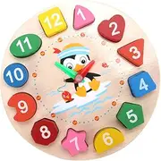 MAGICLULU Penguin Clock Wooden Learning Puzzle for Educational for Teaching Numbers and Shapes Lightweight and Design