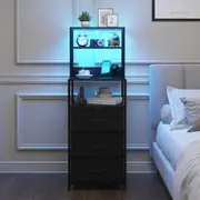 Advwin LED Bedside Table with Charging Station 3 Fabric Drawers Tall Nightstand Side Tables Black