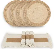 Handmade Boho Placemats Set of 4 - Natural Cotton Burlap and Water Straw Woven Combination Table Mats