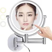 REWIS 8'' Wall Mounted 2 Sided LED Makeup Mirror with Touch 3 Color Lights Dimming, Hotel Hard Wired Foldable HD Magnifying Shaving Mirror,Silver,3X