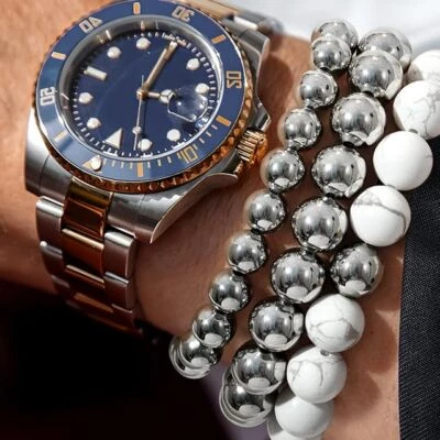 3PCS Men 14K White Gold Plated Beads Bracelet Natural White Howlite Stone Bangle