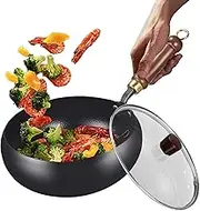 Cooking - Hand-Forged Iron,Uncoated Heat-Resistant Iron Pan with Lid for Indoors, Camping, Home, Kitchen, Restaurant Cooking