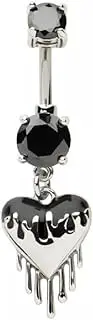 [Pierced Owl] 14GA 316L Stainless Steel Black CZ Crystal Dripping Heart Dangling Belly Button Ring