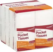 LEADER Soft 2-Ply Facial Tissues Pocket Packs, Pure Cotton, On-The-Go Travel Size, Resealable, 24 Packs of 15 (360 Tissues)