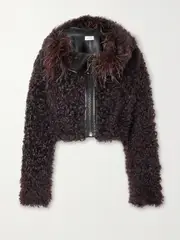 [16ARLINGTON] 16ARLINGTON - Mizar Cropped Feather-trimmed Shearling Hooded Jacket - Brown - UK 14 UK 14 Brown