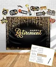 Happy Retirement Party Decorations Backdrop | Retirement Gift Signature Board | Photo Booth Props. Black & Gold Party Supplies | Jumbo Greeting Card Guest Book for Men, Women, Coworker