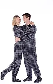 [BIG FEET PAJAMA CO.] Black & White Plaid Cotton Flannel Onesie Adult Footed Pajamas w/Drop-seat