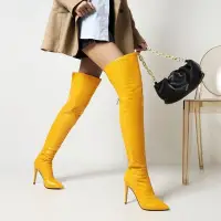 在飛比找Yahoo!奇摩拍賣優惠-大碼鞋鞋女2023年性感尖頭細跟超高跟過膝長靴女白色黃色靴子