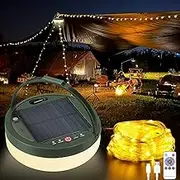 TrcyEdm 4 in 1 Solar Camping String Lights, 39.4ft Light Cord with 150LEDs, 3 Adjustable Brightness &5 Light Modes, Solar Powered and USB Rechargeable Light with Remote for Hiking Decor, Warm White