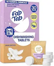 Fabtab Dishwasher Detergent Tablets - Mild Formulation, Plant-Based for Guaranteed Freshness, Scentless- Plastic -Free. Removes Coffee and Tea Stains - No Residue- 30 Tablets