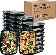 Meal Prep Container 35-Set 830mL - Reusable BPA-Free - Dishwasher/Microwave/Freezer Safe - Black Base/Clear Lids - Ideal for Portion Control, Leftovers - Stackable Food Storage & Meal Prep Containers
